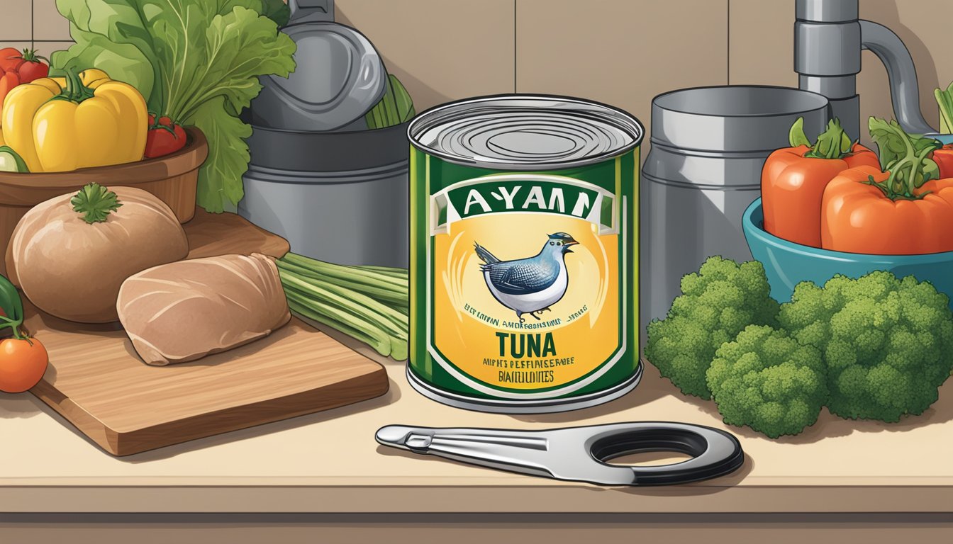 A can of Ayam Brand tuna sits on a kitchen counter, surrounded by fresh vegetables and a can opener