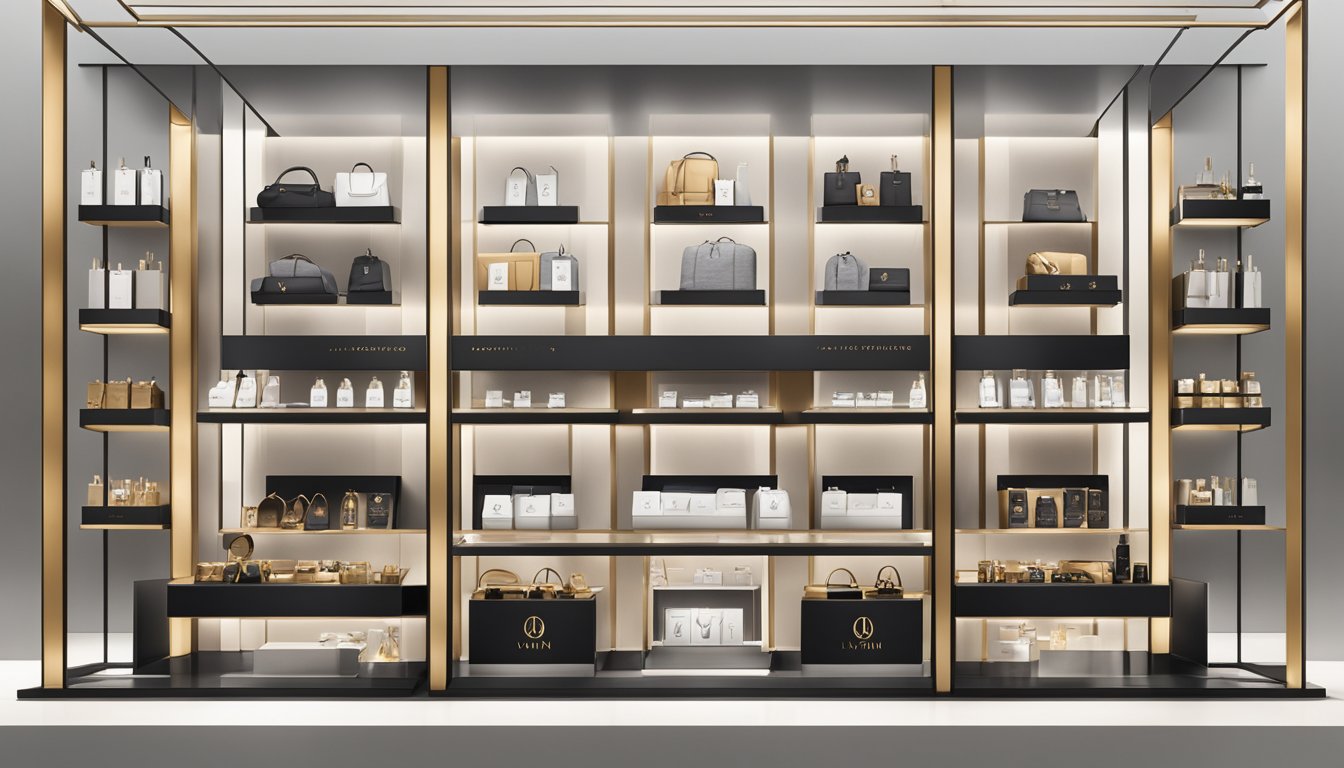 A luxurious display of LVMH brands, featuring elegant packaging and iconic logos, set against a backdrop of sleek, modern design