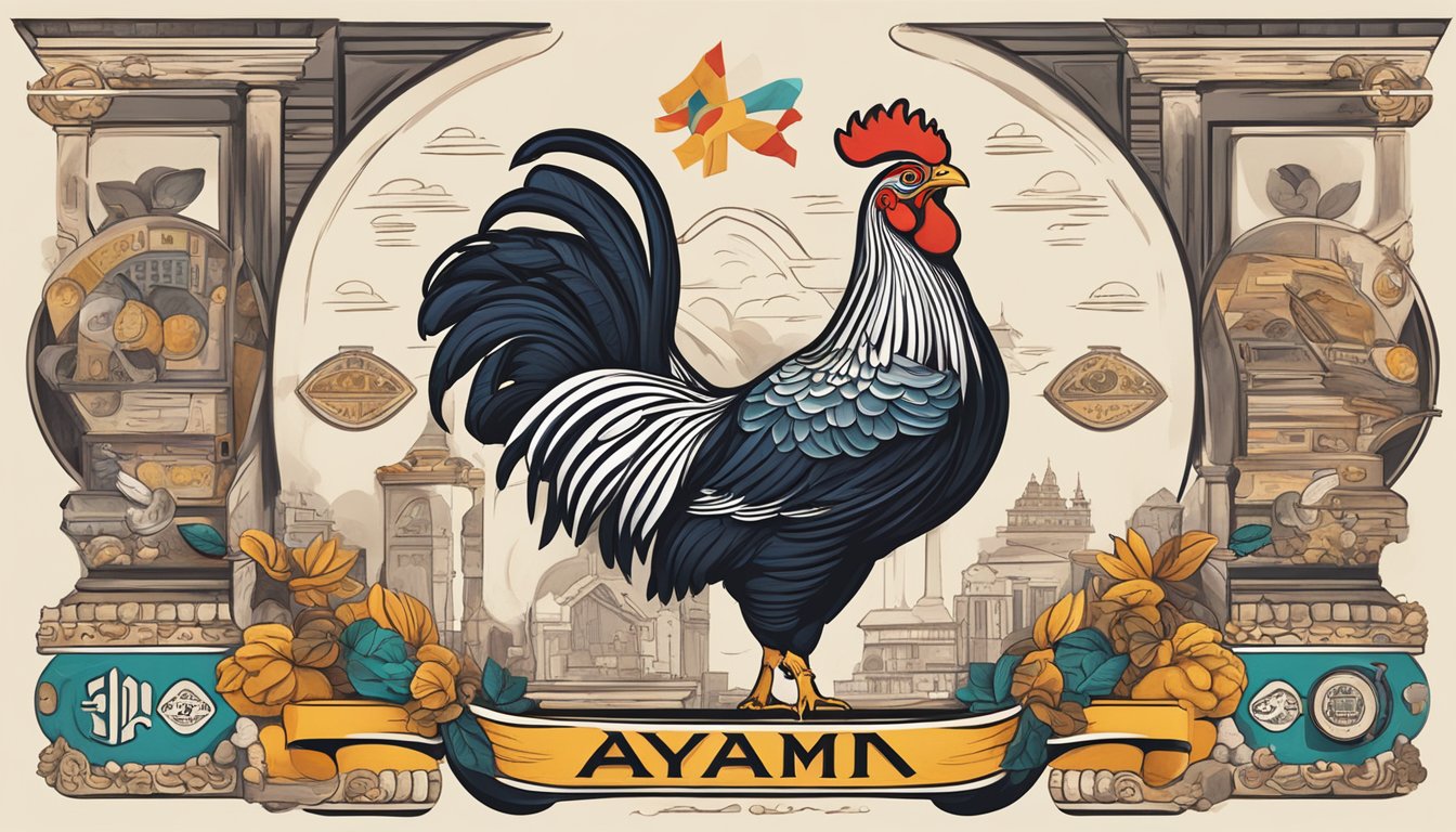 The scene depicts the iconic Ayam Brand logo surrounded by historical artifacts and symbols representing its heritage
