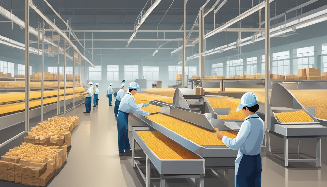 A bright and clean factory with workers inspecting and packaging products labeled "Commitment to Quality Ayam Brand."