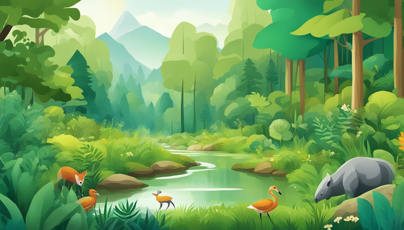A lush green forest with a clear stream running through it, surrounded by diverse wildlife and vibrant plant life, with a prominent "Sustainability and Responsibility" banner displayed