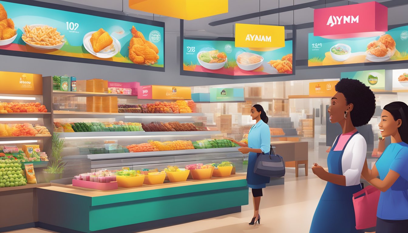 Consumers interact with Ayam Brand products in a vibrant, modern setting with bright colors and engaging displays