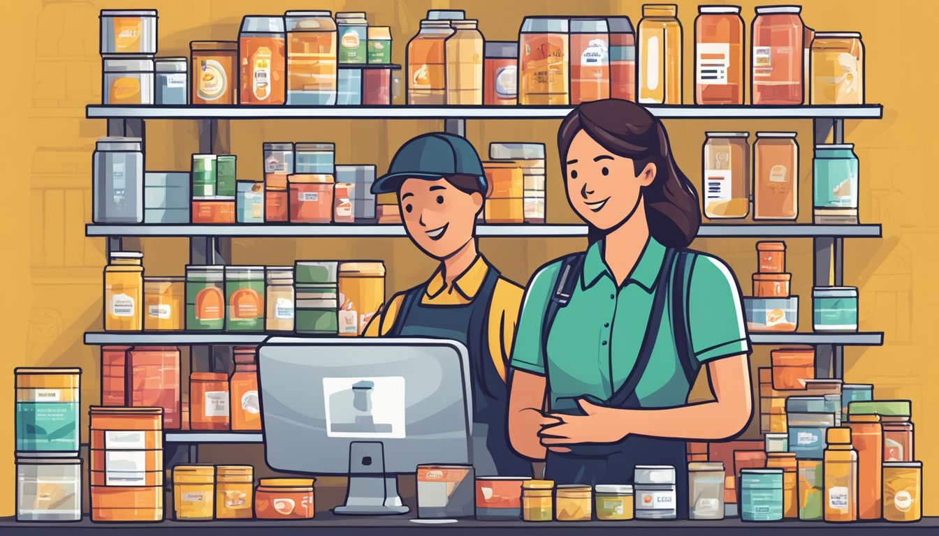 A stack of FAQ cards with Ayam Brand logo, surrounded by various canned products and a customer service representative ready to assist