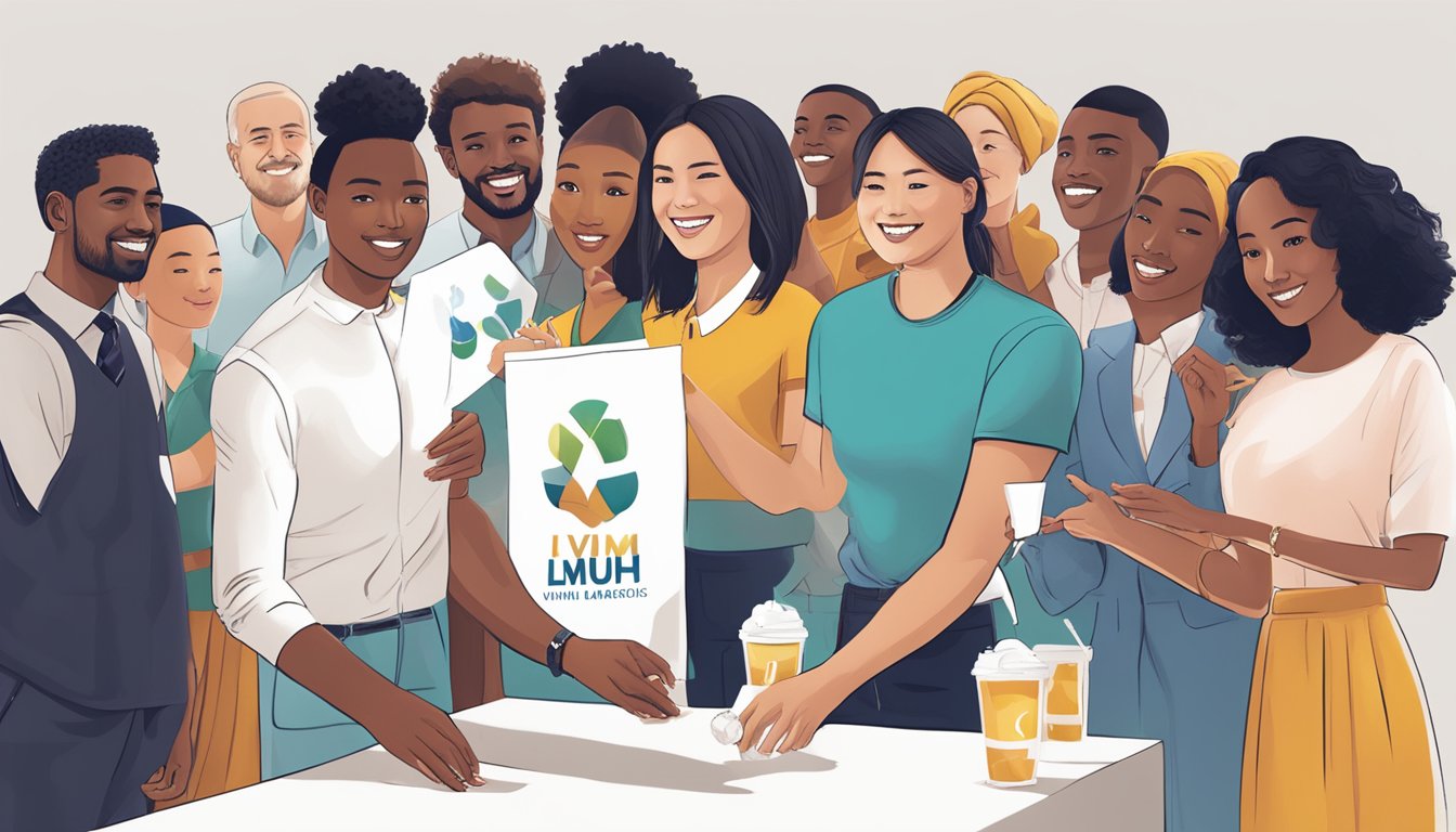 A diverse group of people from various cultures engaging in social responsibility activities, such as charity events and community outreach programs, representing LVMH brands