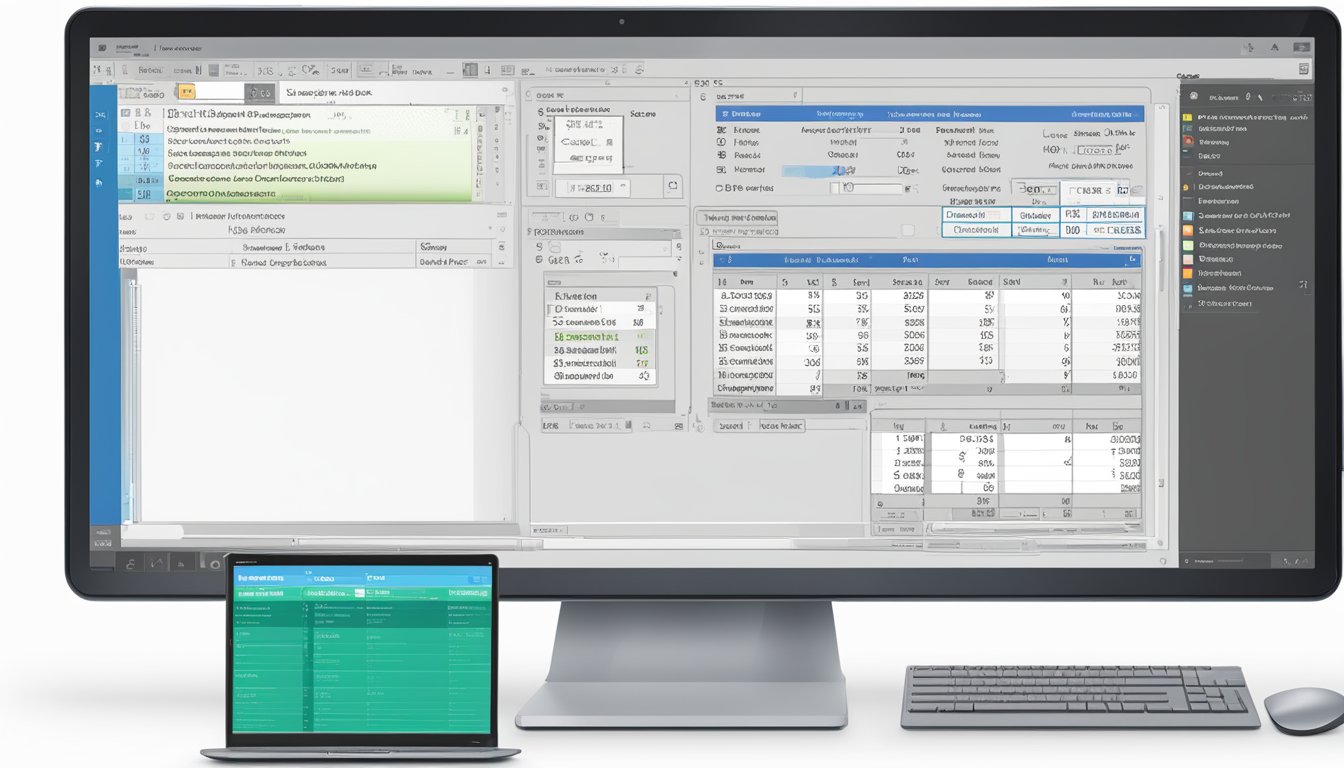 A computer screen displays a document with advanced formatting, including columns, tables, and headers. The mouse hovers over the toolbar, indicating further adjustments