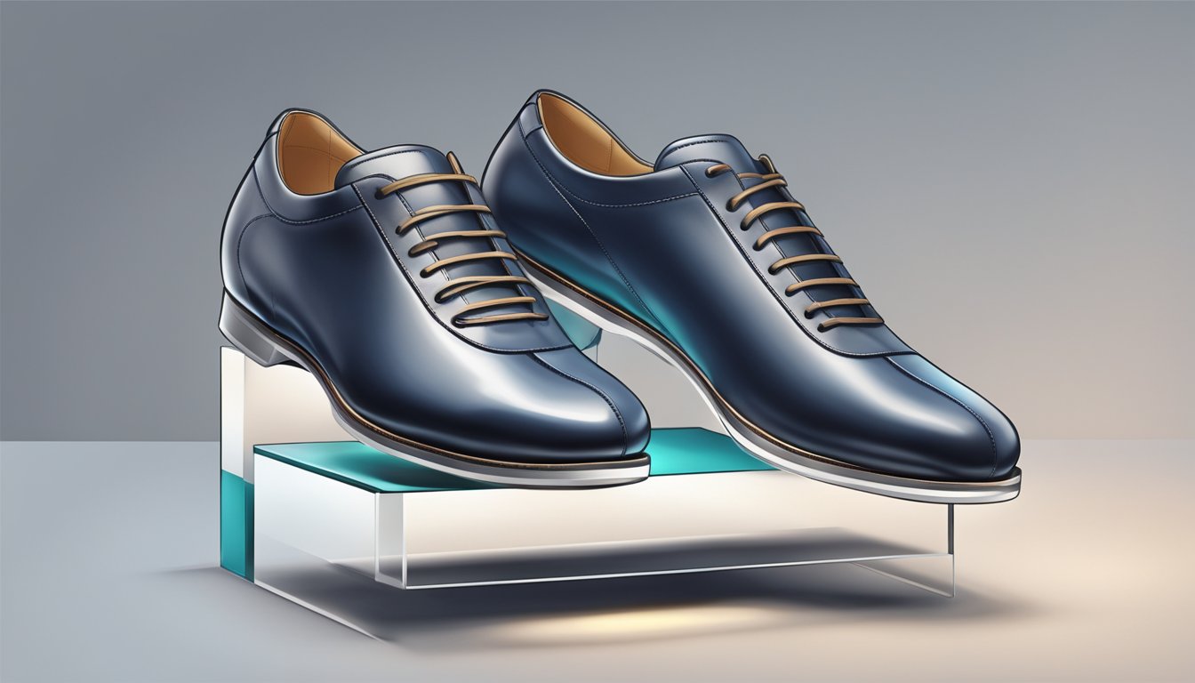 A pair of branded men's shoes placed on a sleek, modern display stand