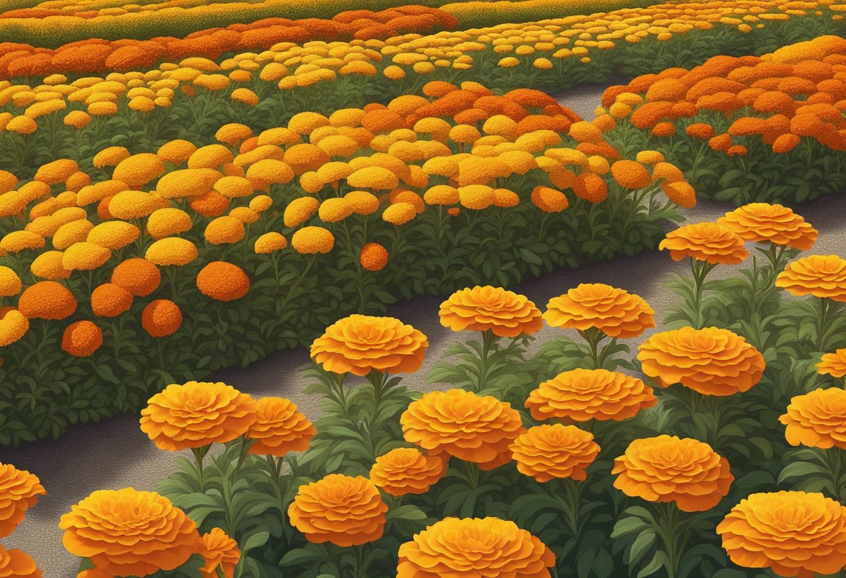 Marigolds evenly spaced in a garden bed, with rows of vibrant orange and yellow flowers stretching into the distance