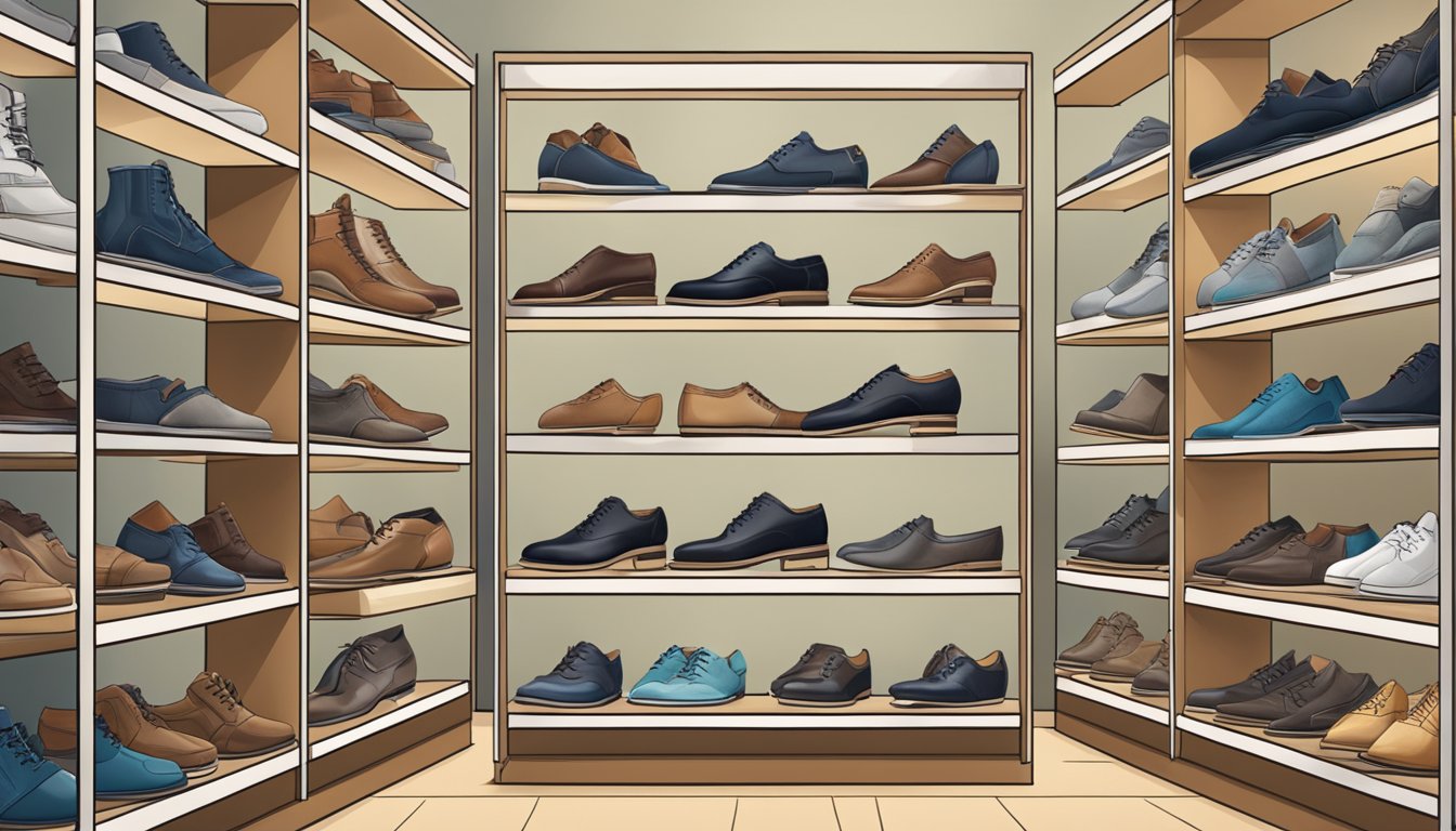 A display of men's shoes with "Frequently Asked Questions" branding, arranged neatly on shelves in a brightly lit store