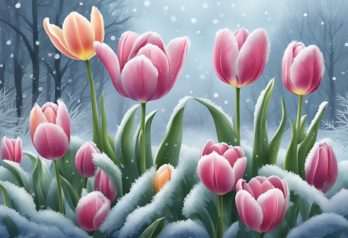 Tulips endure frost, their petals shiver. Snowflakes kiss their delicate blooms, but they stand tall, resilient against the bitter cold