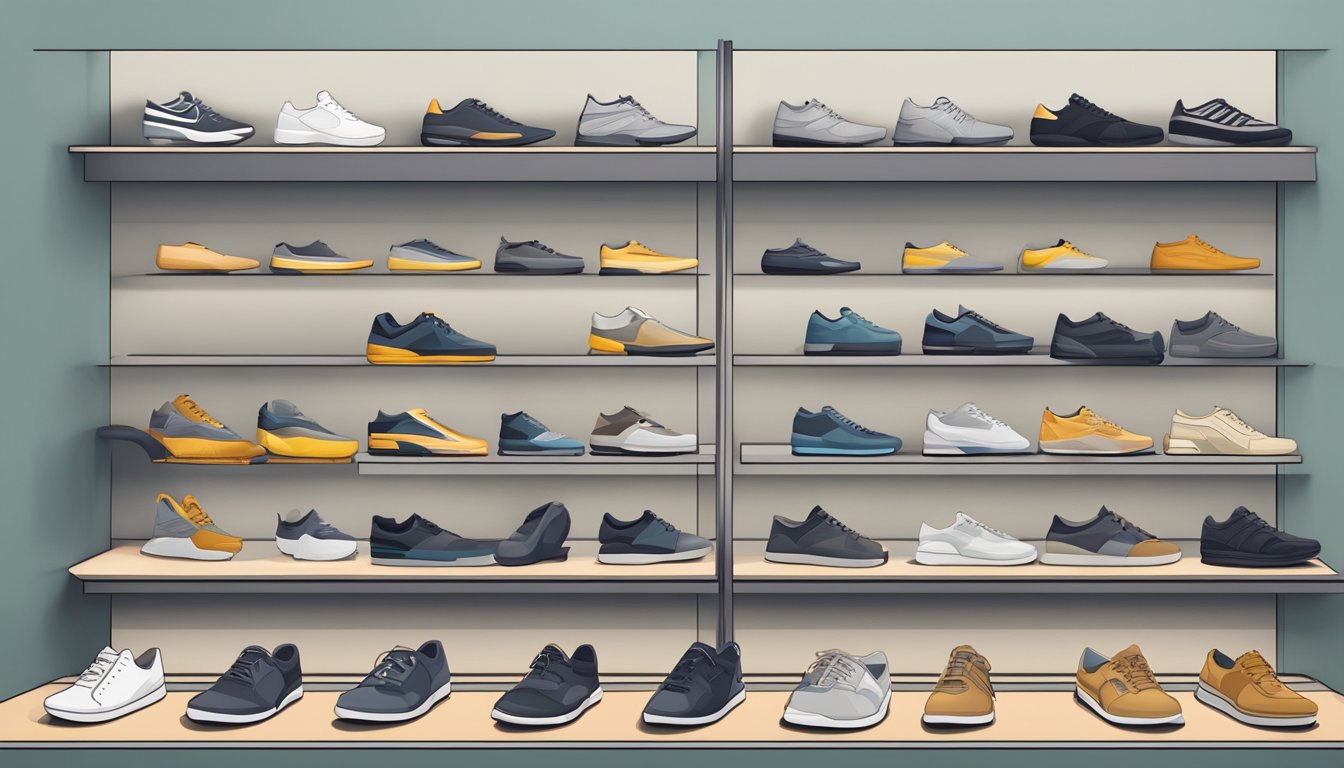 A row of sleek and modern shoe designs from a Singaporean brand displayed on shelves with minimalist decor