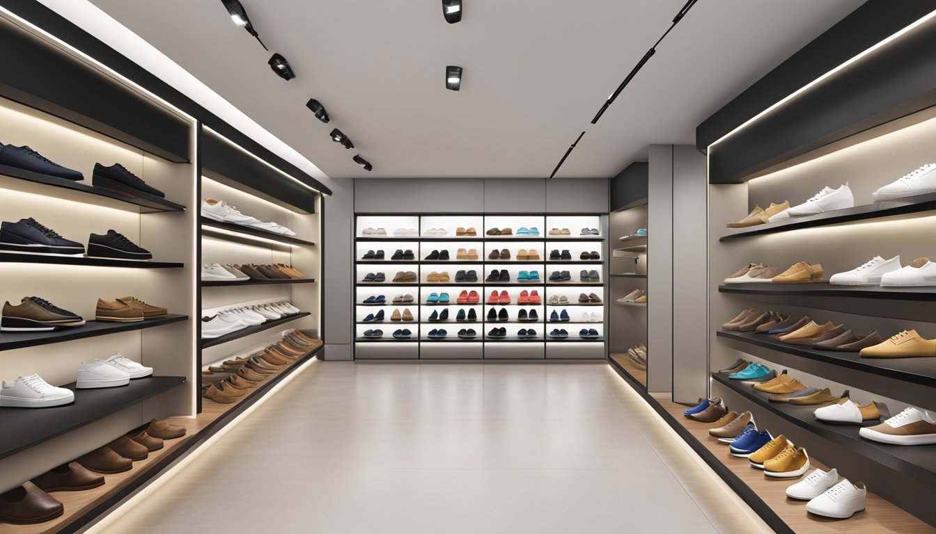 A display of iconic Singapore shoe brands lined up on shelves in a modern, minimalist store. Each shoe features unique designs and quality craftsmanship