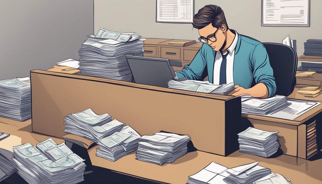 A figure sits at a desk, organizing stacks of bills and financial documents. A sign reads "Debt Management Solutions" in the background