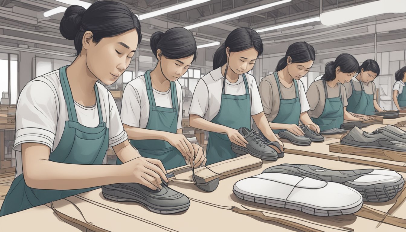 A pair of eco-friendly shoes being crafted in a sustainable Singapore workshop. Materials sourced ethically, workers using environmentally-friendly practices