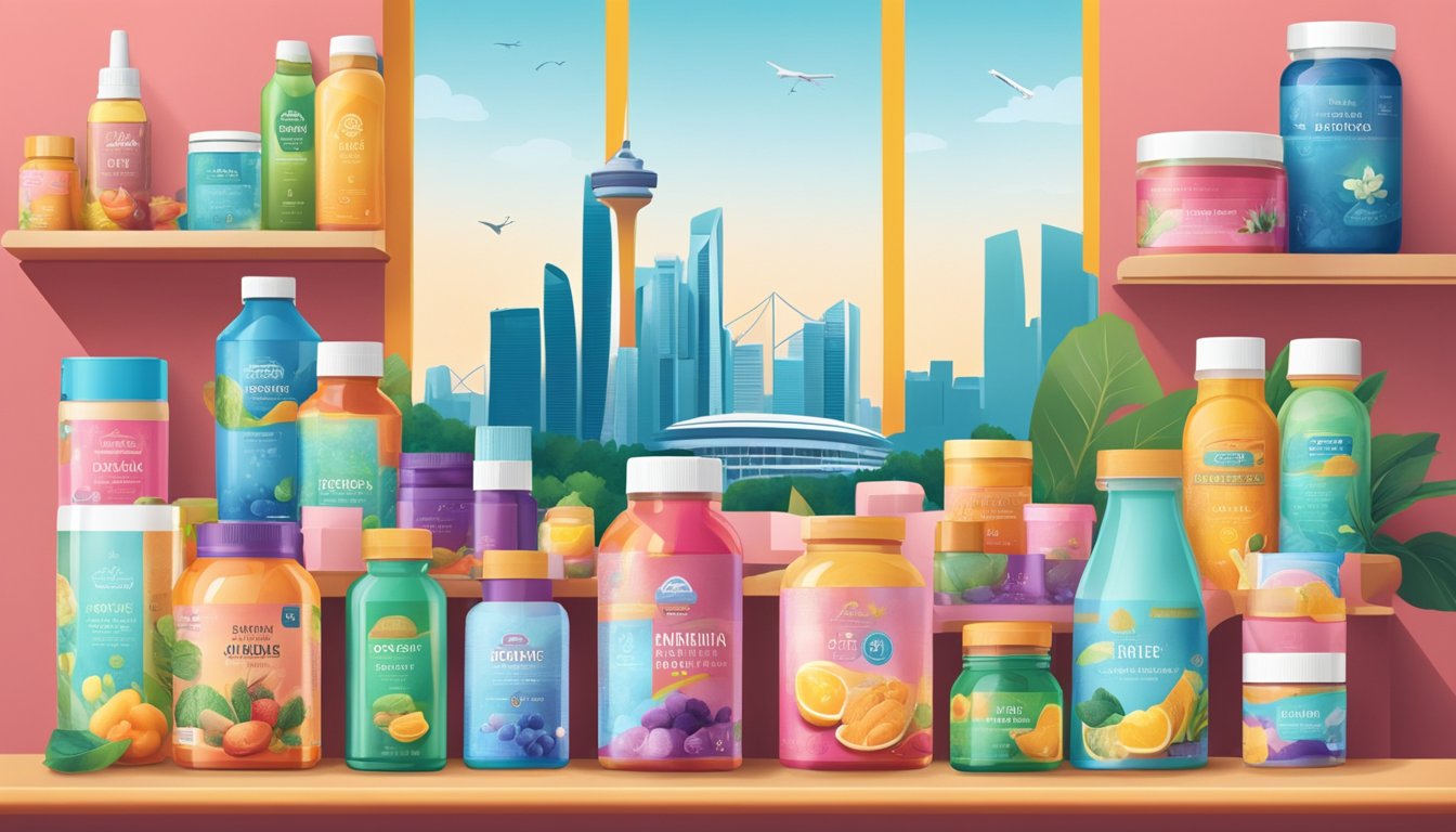 A vibrant display of health and wellness products from various brands, set against the iconic skyline of Singapore