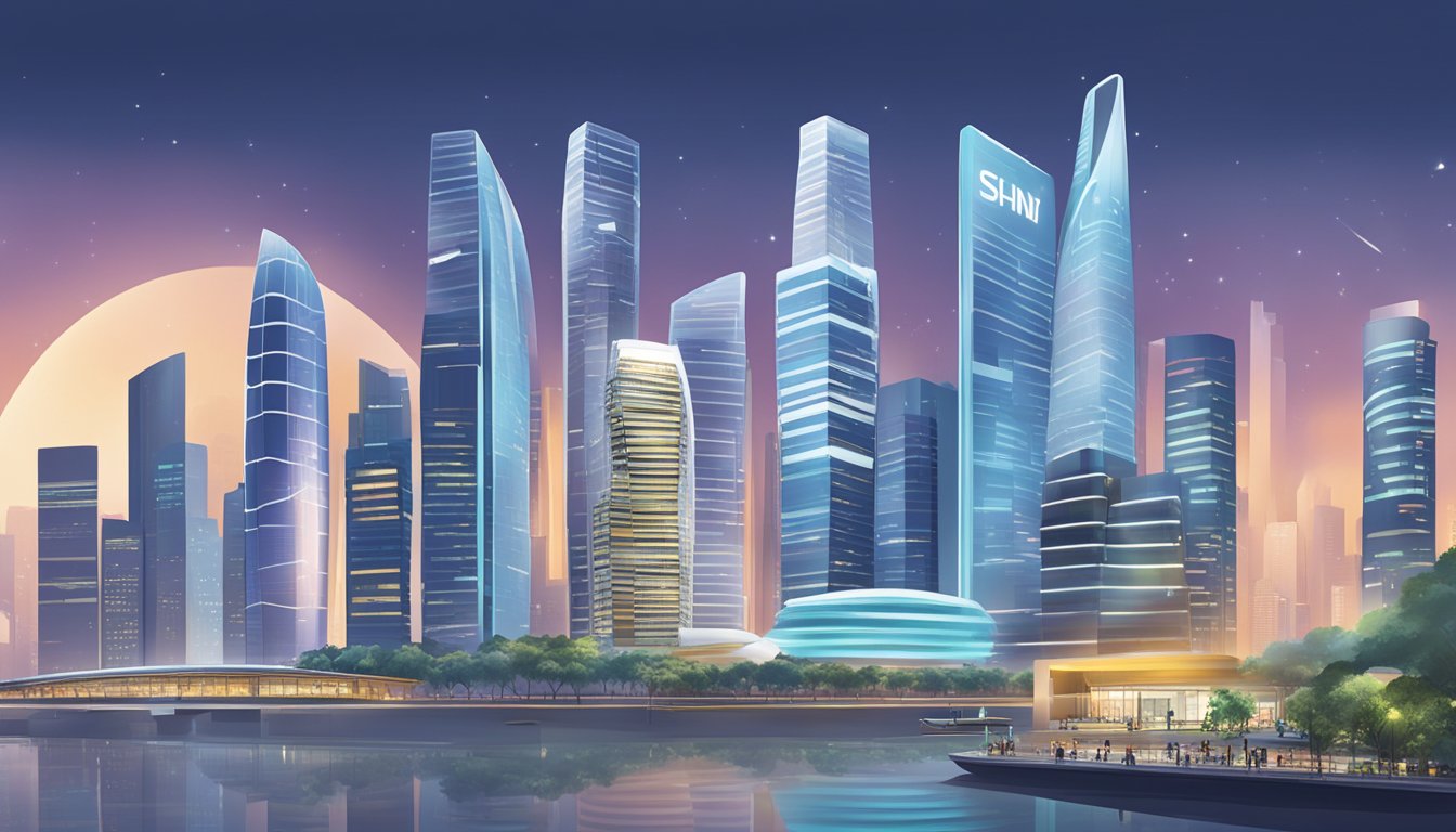 A futuristic cityscape with the iconic skyline of Singapore, featuring the Personalised Health Solutions branding prominently displayed on buildings and digital billboards