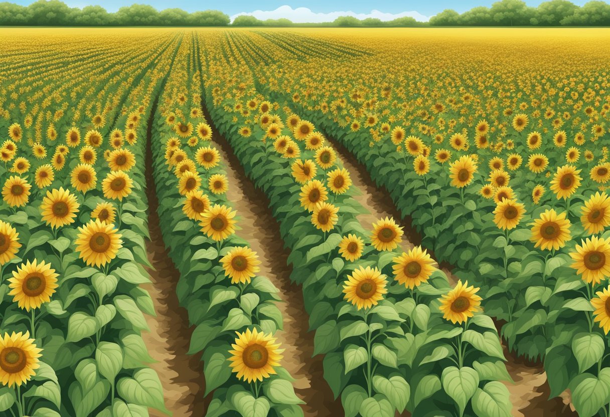 Sunflowers stand in rows, with each plant spaced about 24 inches apart in a sunny field