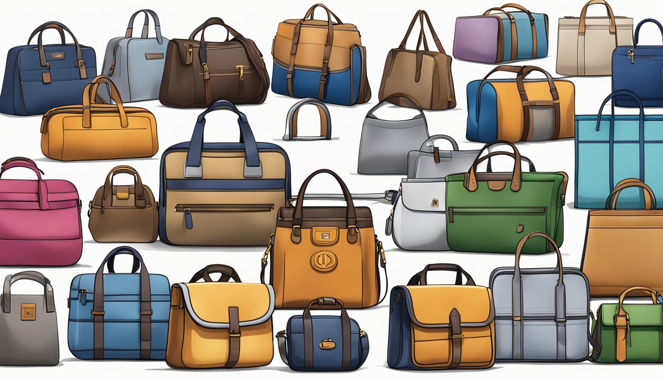 Various branded bags arranged on a clean, white background. Each bag features a distinct logo and design, creating a visually appealing composition