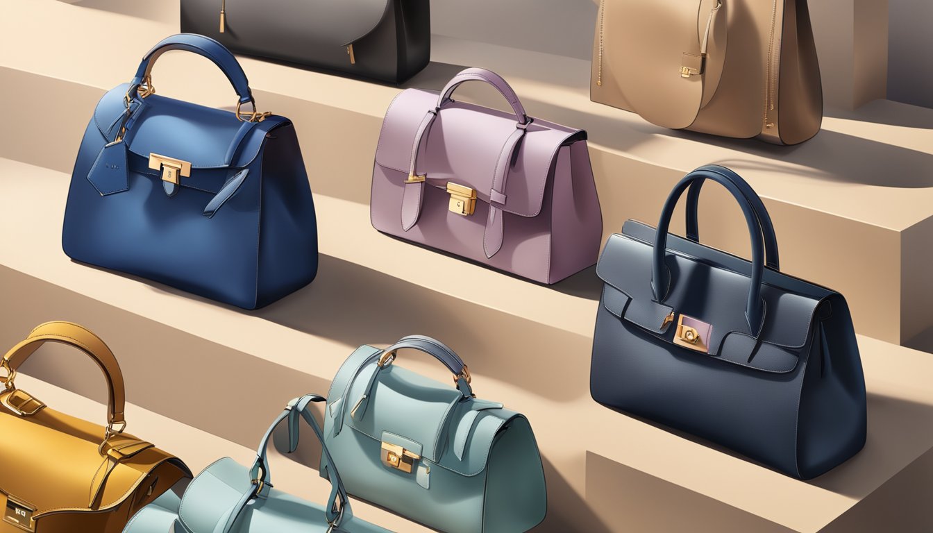 Luxury designer bags arranged on a sleek display, catching the light with their exquisite craftsmanship and iconic branding