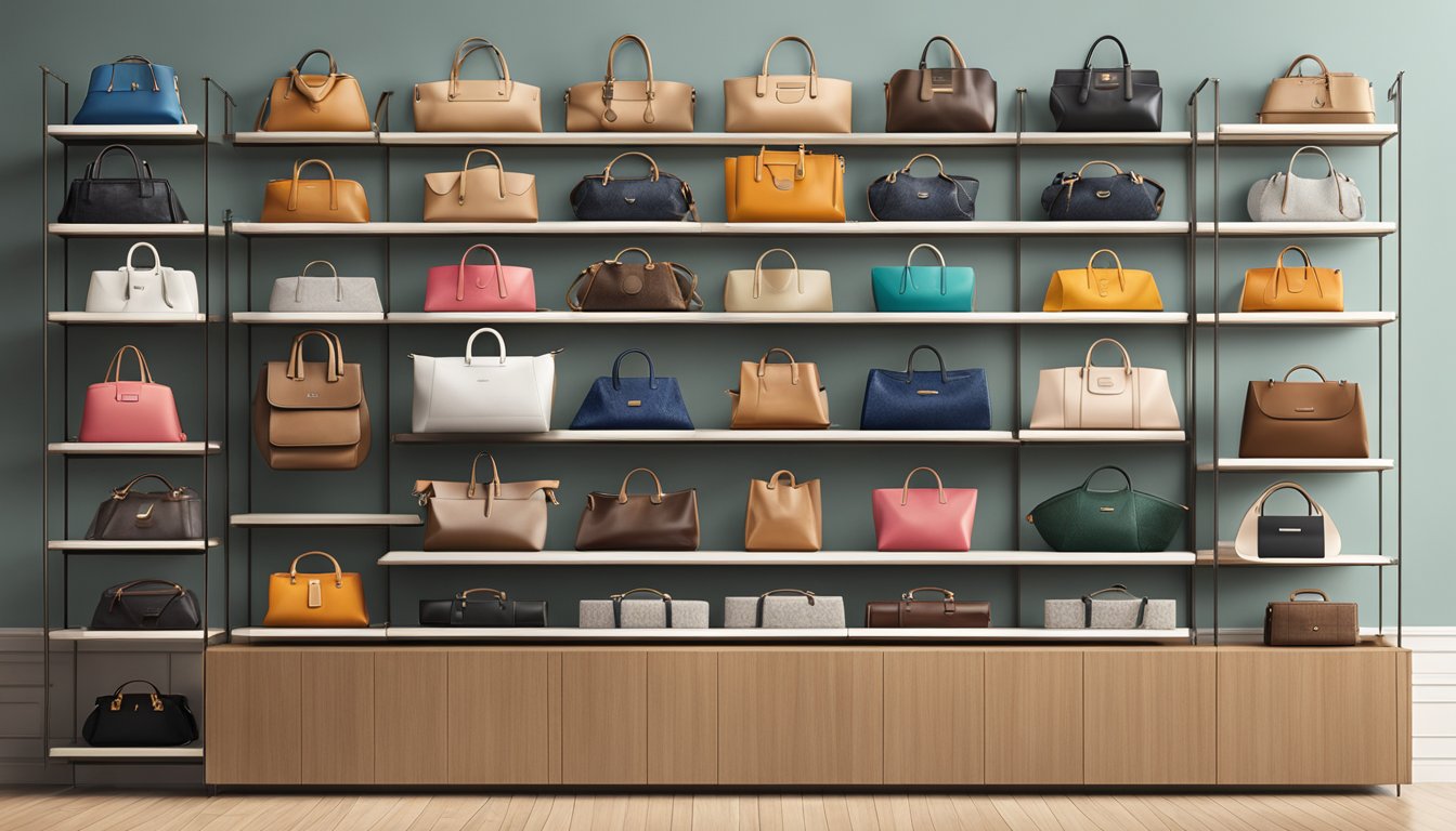 A display of various branded bags on a sleek, modern shelf in a well-lit boutique setting