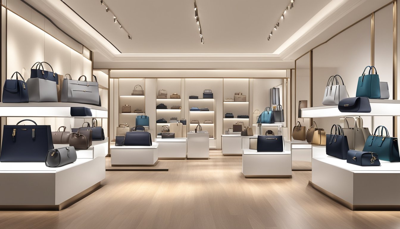 A sleek, modern store display showcases a range of luxurious, branded bags in various sizes and styles. The bags are neatly arranged, with elegant lighting highlighting their quality craftsmanship
