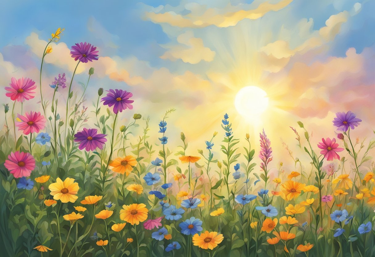 Wildflowers reach towards the sky, stretching up towards the sun, their vibrant colors dotting the landscape with beauty and life
