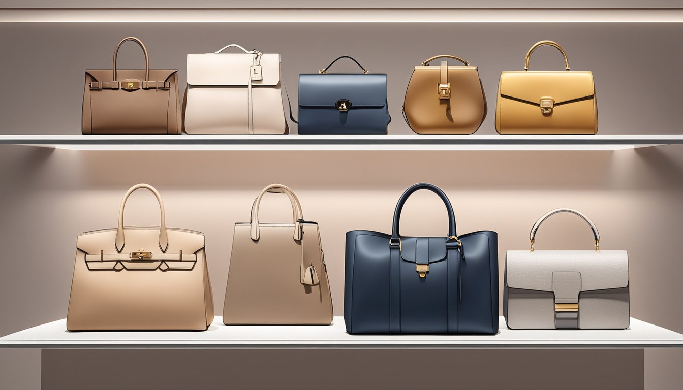 A display of luxury bag brands arranged on a sleek, modern shelf with soft, ambient lighting highlighting their exquisite craftsmanship and elegant designs