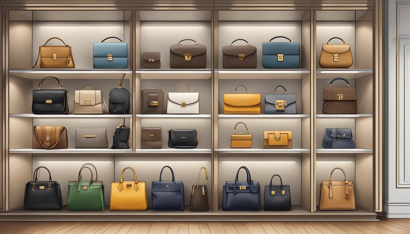 A display of iconic luxury bag brands lined up on a sleek, modern shelf in a high-end boutique
