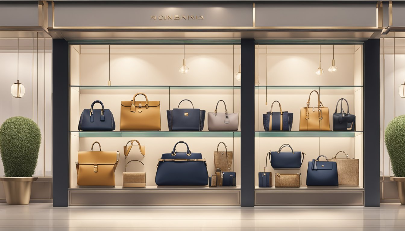 A display of modern luxury bag brands, featuring sleek designs and trendy details, arranged in an upscale boutique setting