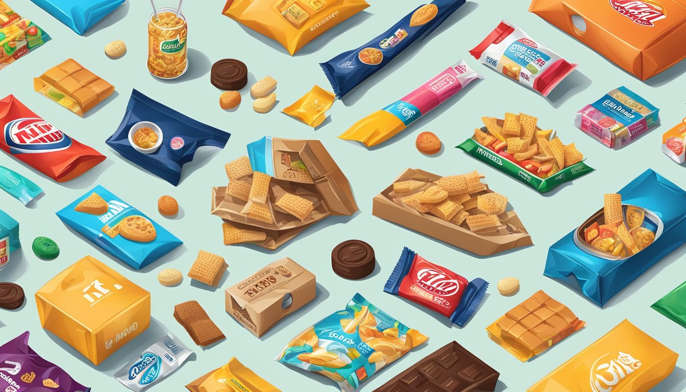 A collection of Mini Brands scattered on a tabletop, with colorful packaging and various products such as snacks, drinks, and household items