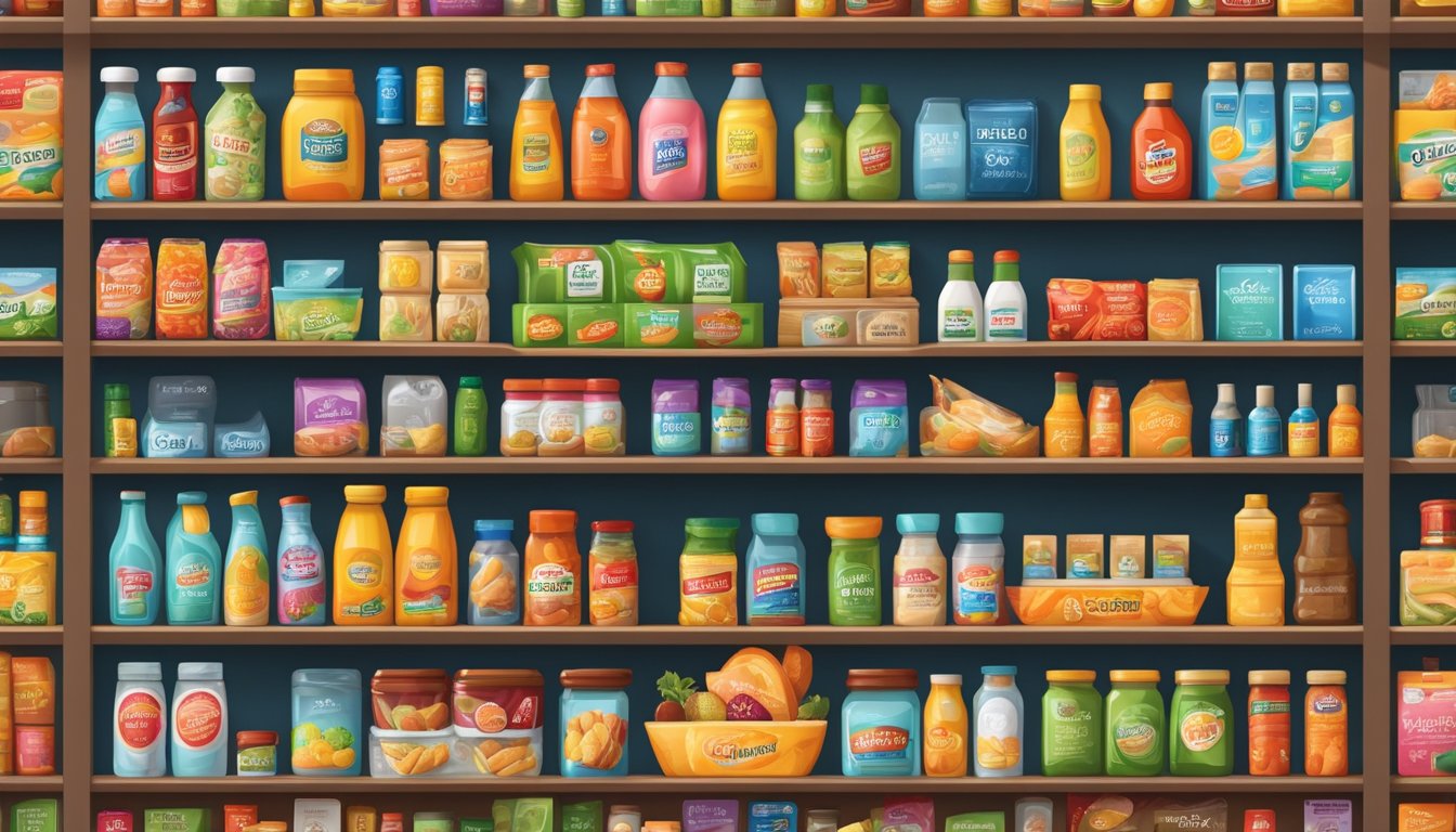 A colorful display of miniature grocery and household items, neatly arranged on shelves with vibrant packaging and tiny logos