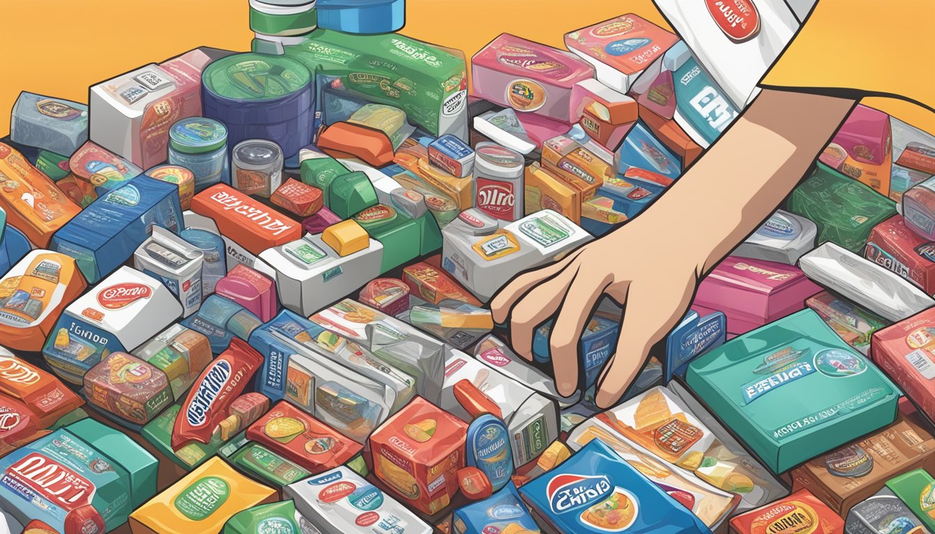 A hand reaches into a pile of Mini Brands, picking out various mini products