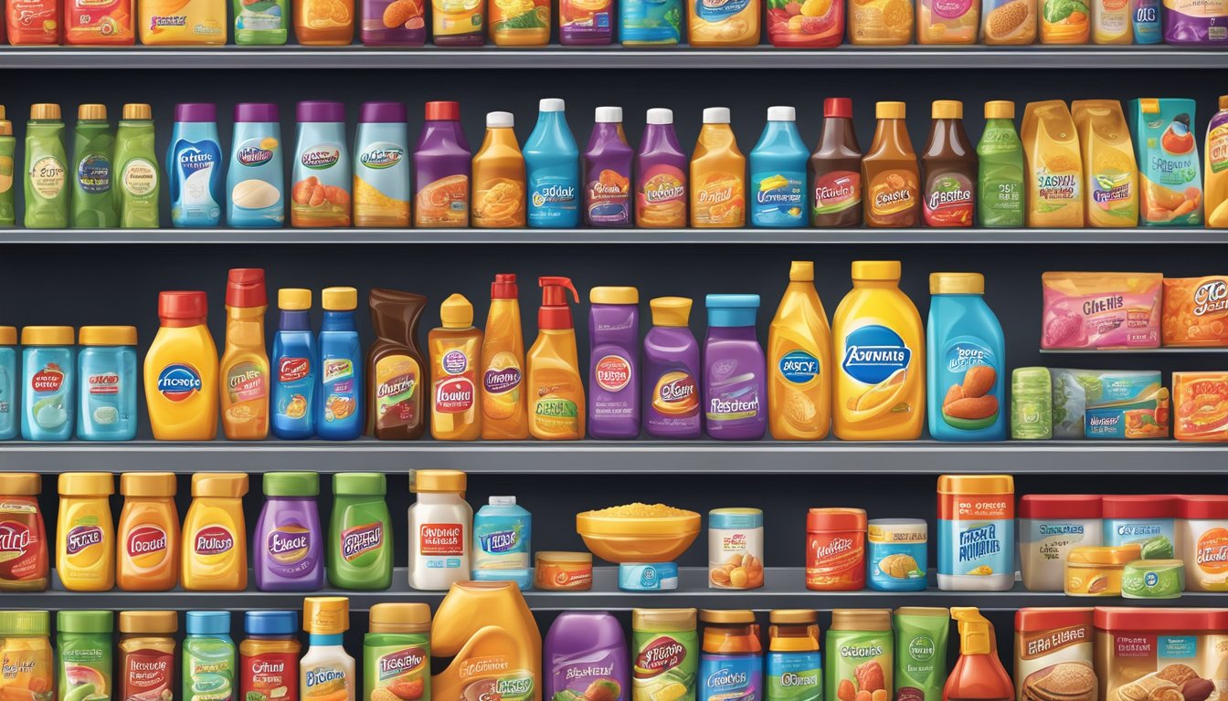A colorful display of Mini Brands Range products arranged on a shelf, with various miniature grocery items and household products