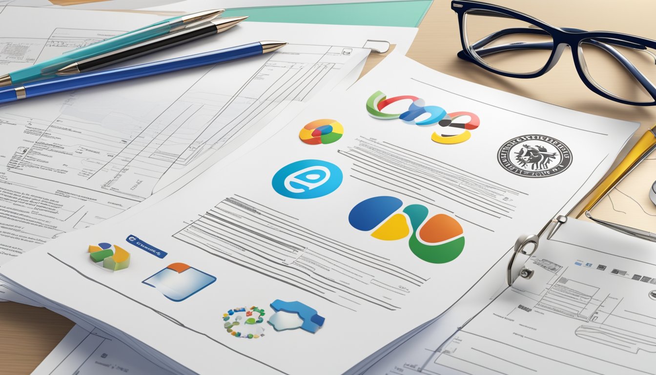 Various mini brands and logos are displayed on a partnership agreement document, with legal and intellectual property symbols in the background