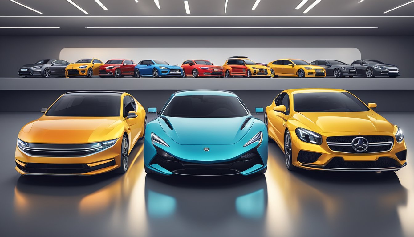Various car brands lined up in a showroom, each with distinct logos and designs. Bright lights illuminate the sleek vehicles, creating a captivating display