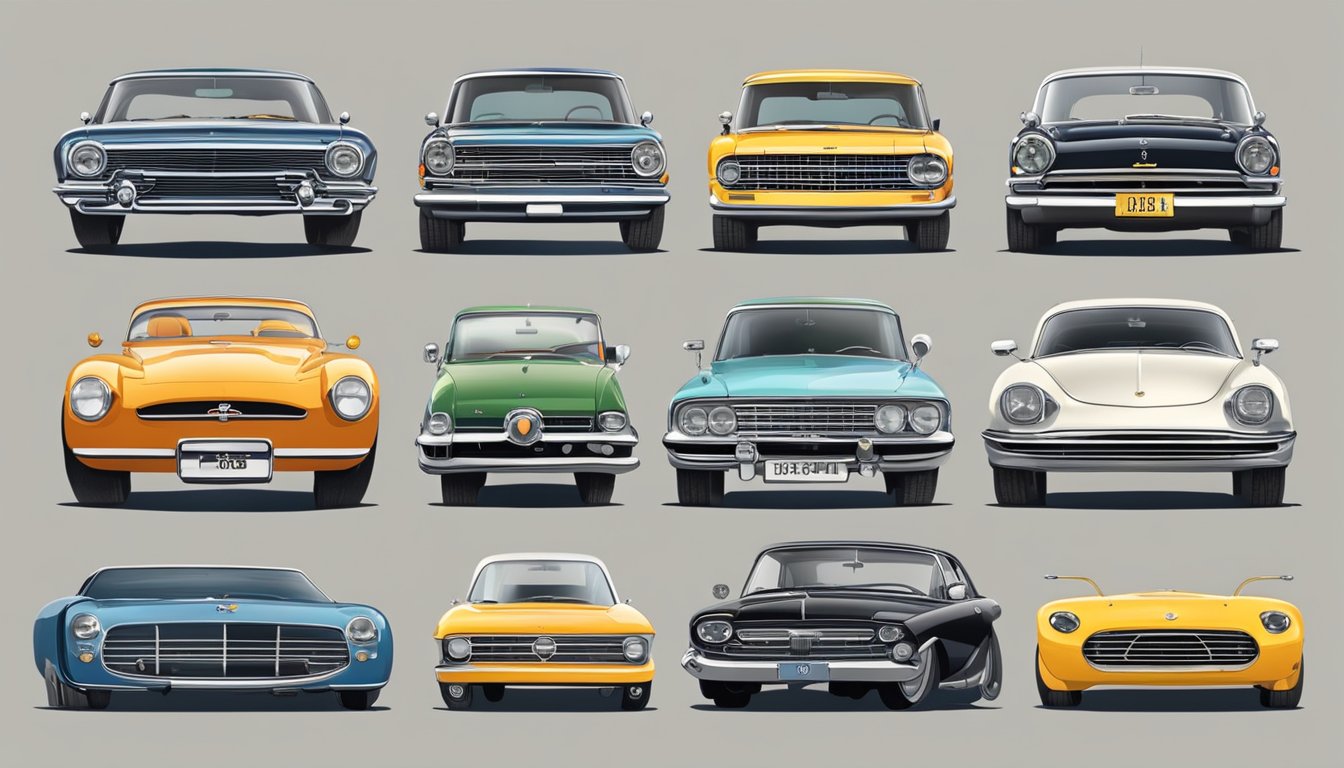 Various car logos from the past to present arranged in chronological order. The evolution of car brands is depicted through their iconic symbols
