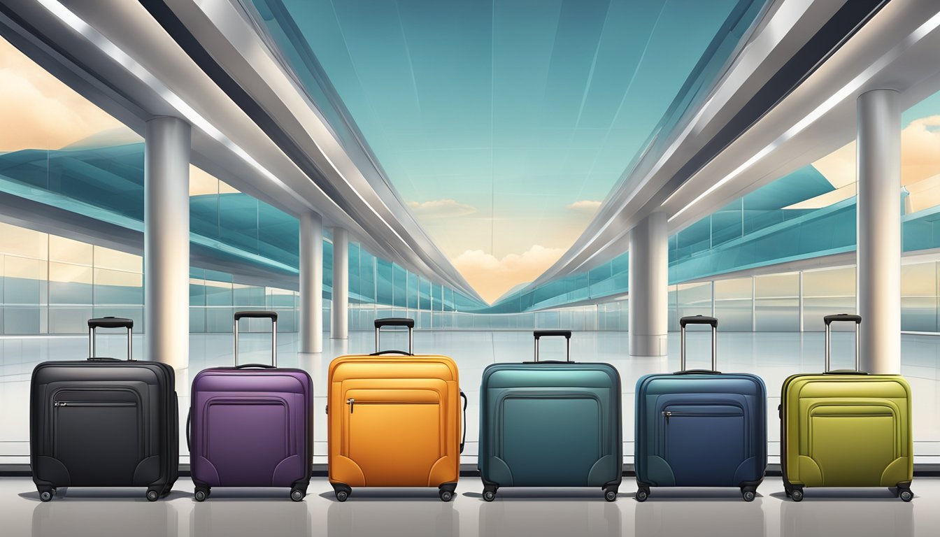 A row of sleek, high-quality suitcases from top luggage brands lined up in a modern airport terminal