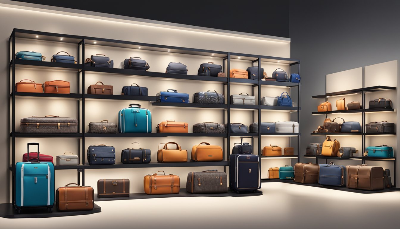 A display of top luggage brands showcased on sleek shelves and pedestals under bright spotlights