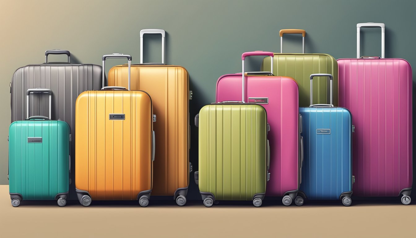 A colorful array of durable suitcases, with sleek handles and secure locks, displayed against a modern backdrop