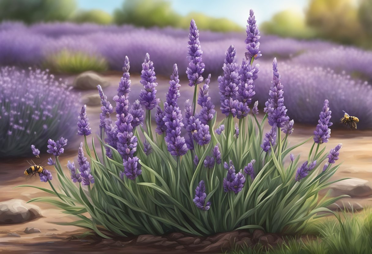 Spanish lavender grows in well-drained soil and full sun. Its purple flowers bloom in spring and summer, attracting bees