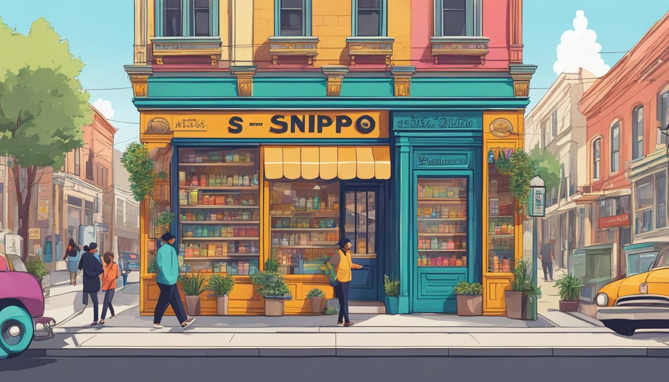A colorful storefront with "Sinpopo Brand" in bold letters, surrounded by vintage-inspired decor and a bustling street scene