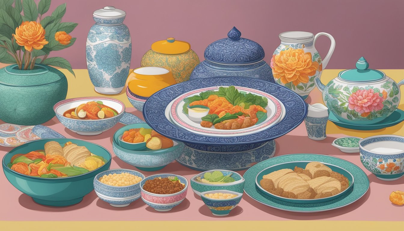 A table set with colorful Peranakan dishes, vintage decor, and Sinpopo brand packaging