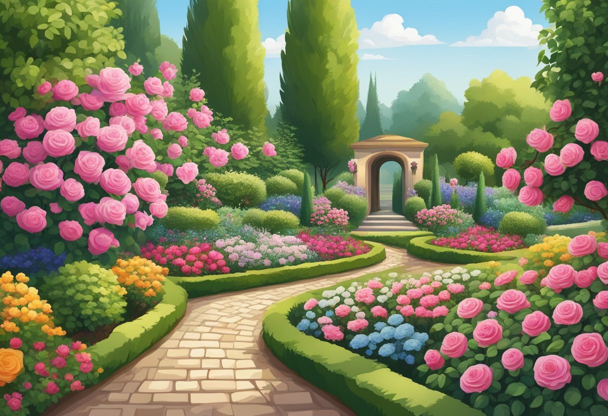 A lush garden with rows of vibrant roses in full bloom, surrounded by neatly trimmed hedges and a quaint pathway leading through the fragrant display