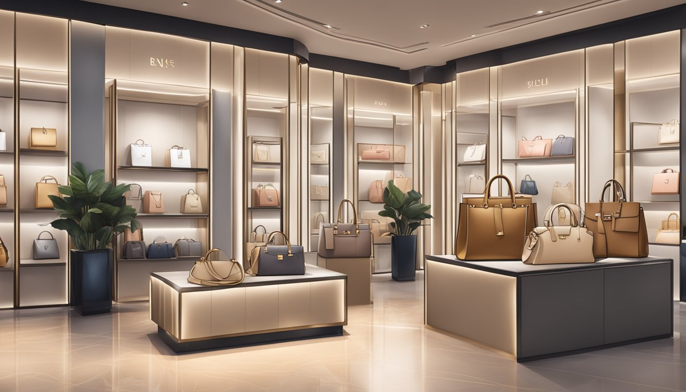 Luxury branded bags displayed in a stylish Singaporean boutique. Bright lights highlight the elegant designs and impeccable craftsmanship