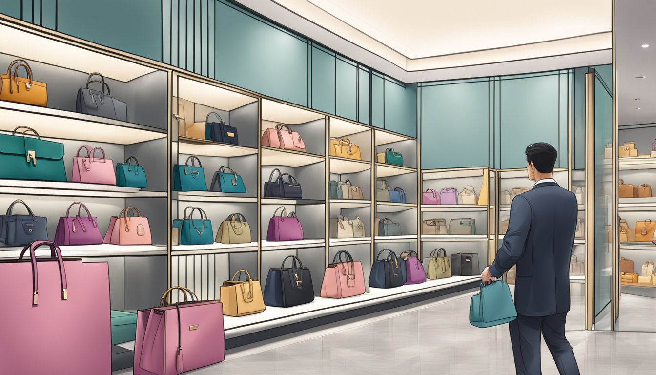 A person finds a display of luxurious branded bags in a Singapore store