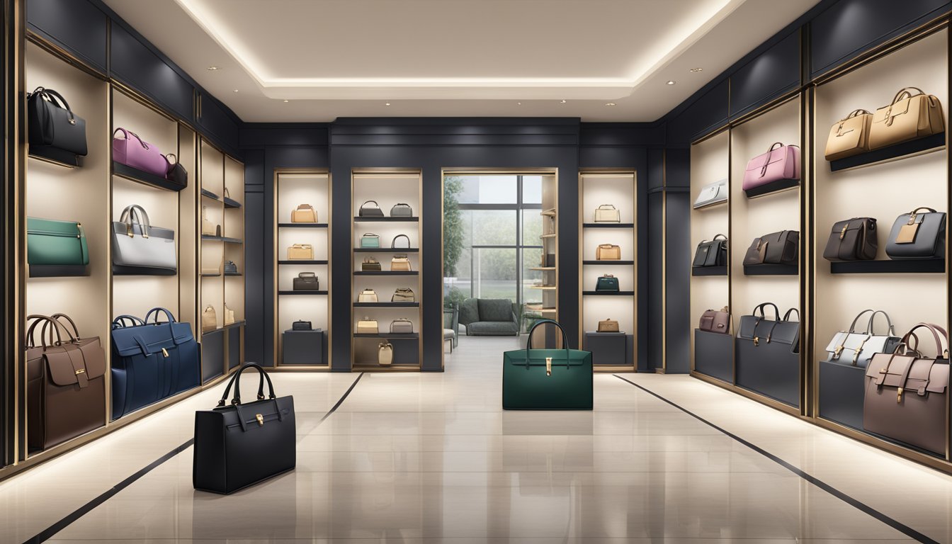 Luxury bags displayed in a sleek, well-lit boutique with elegant branding and exquisite craftsmanship