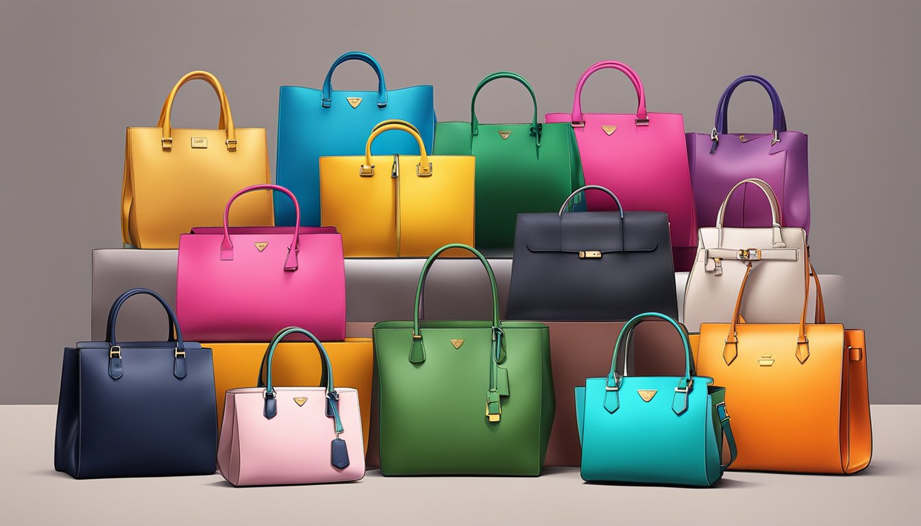 A display of branded bags in Singapore, showcasing the best deals with vibrant colors and sleek designs