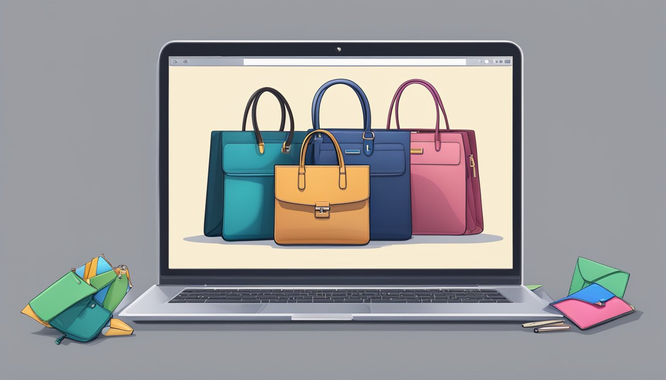 A laptop displaying a variety of branded bags on an online shopping website