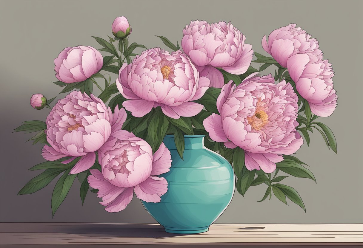 A vase of peonies wilting over time