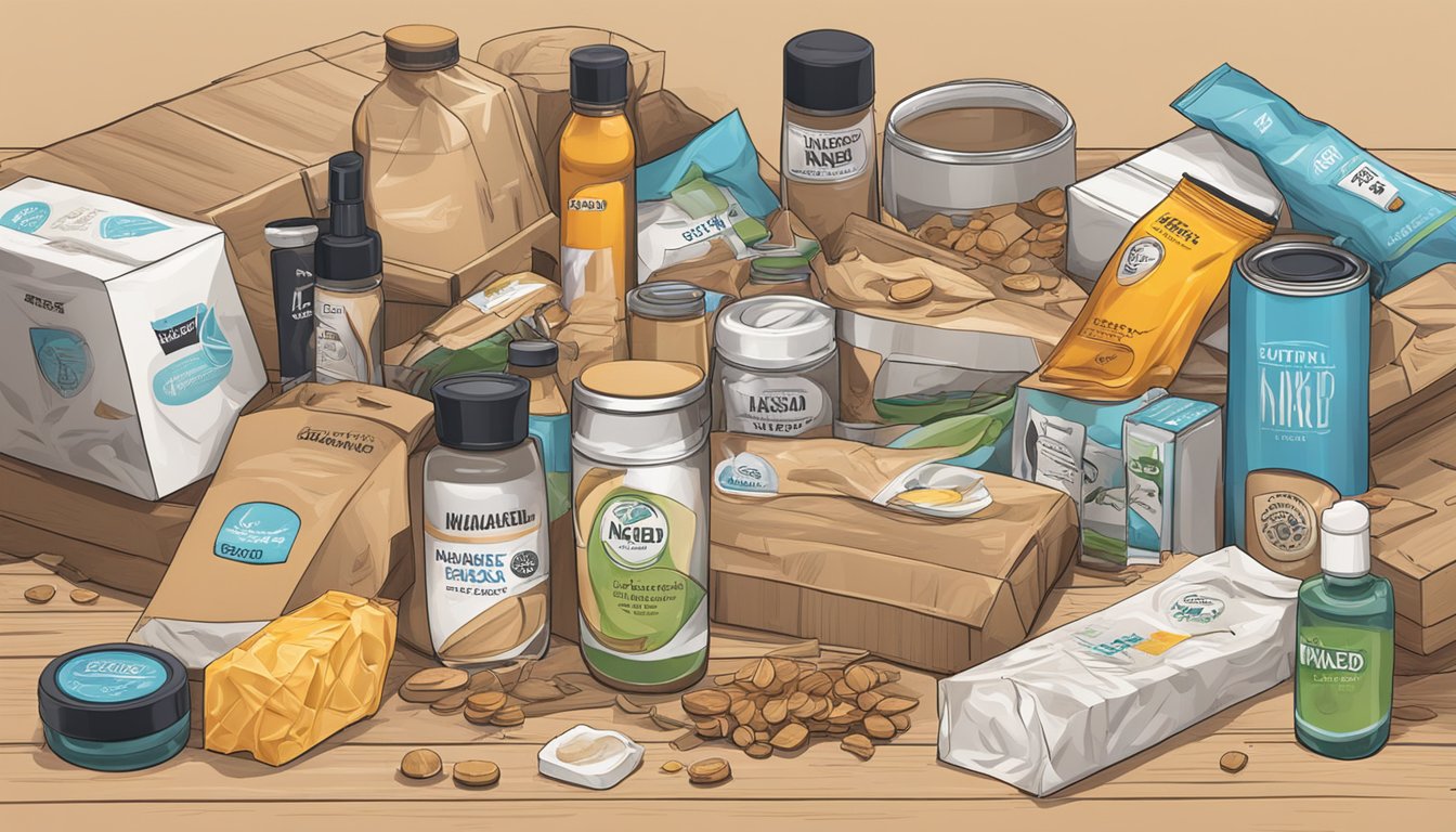 A pile of naked brand stock scattered on a wooden table, with various products and packaging strewn about