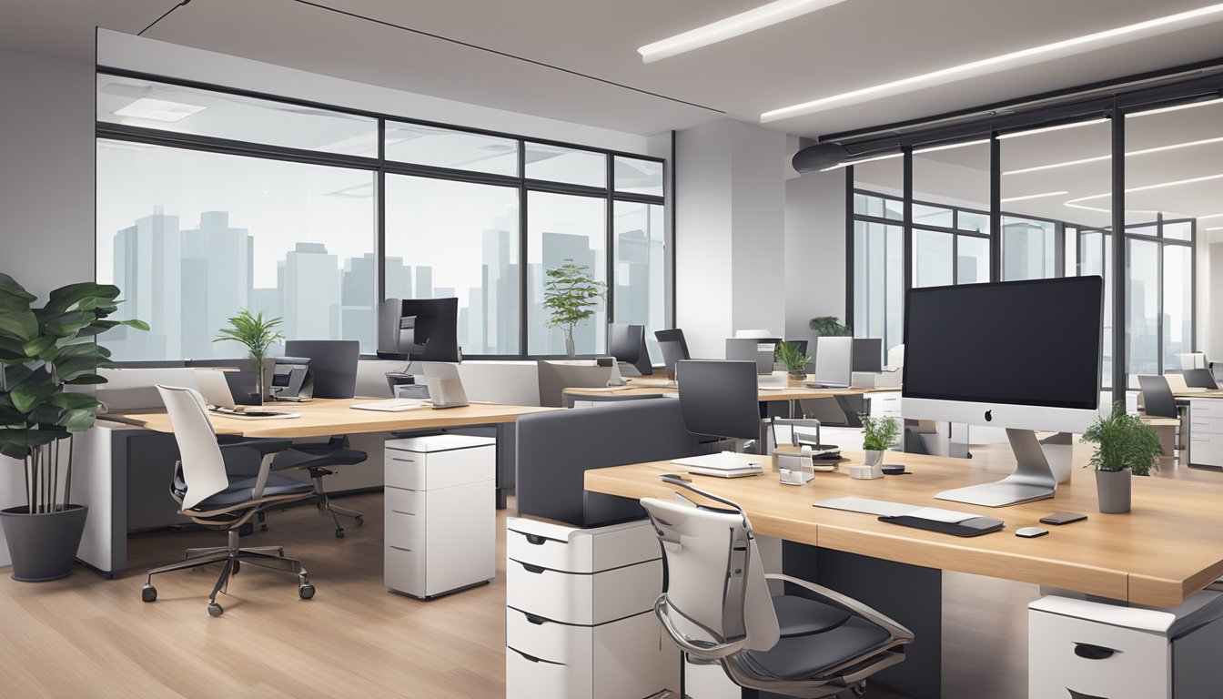 A sleek and modern office space with the company logo prominently displayed on the wall, surrounded by minimalist furniture and tech equipment